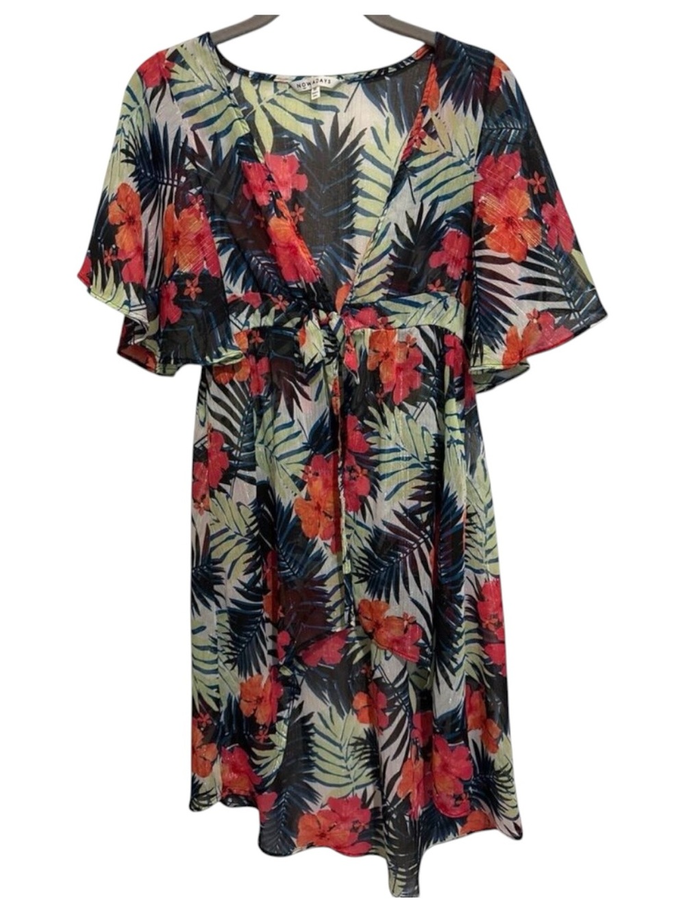 Nowadays Metallic Thread Sheer Cover Up Robe Hibiscus Tie Waist Beachy Boho M